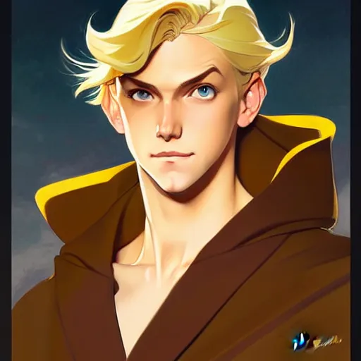 Prompt: blonde boy with yellow eyes wearing a brown cape, in the style of studio ghibli, j. c. leyendecker, greg rutkowski, artgerm