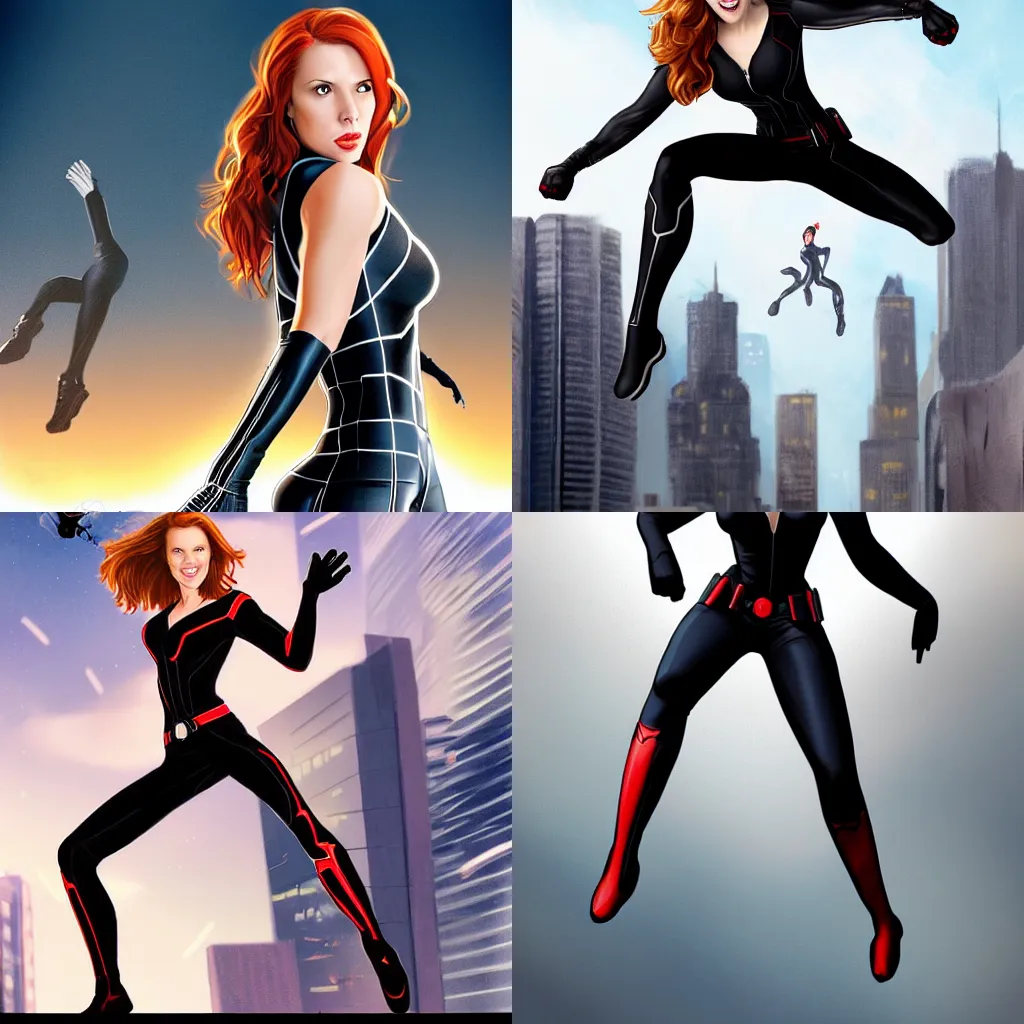 Image similar to Beautiful female Elyse Levesque as Black Widow Marvel smile and showing face:: action pose leaping in the air, acrobatic pose, exciting, fun, realistic character concept:: on rooftop of building:: comic book, illustration, slender symmetrical body, symmetrical face, full hand, full feet:: artstation, cinematic lighting, hyperdetailed, cgsociety, 8k, high resolution:: Tom Bagshaw, Joshua Middleton, Gottfried Helnwein, Rafeal Albuquerque comic:: insanely detailed and intricate