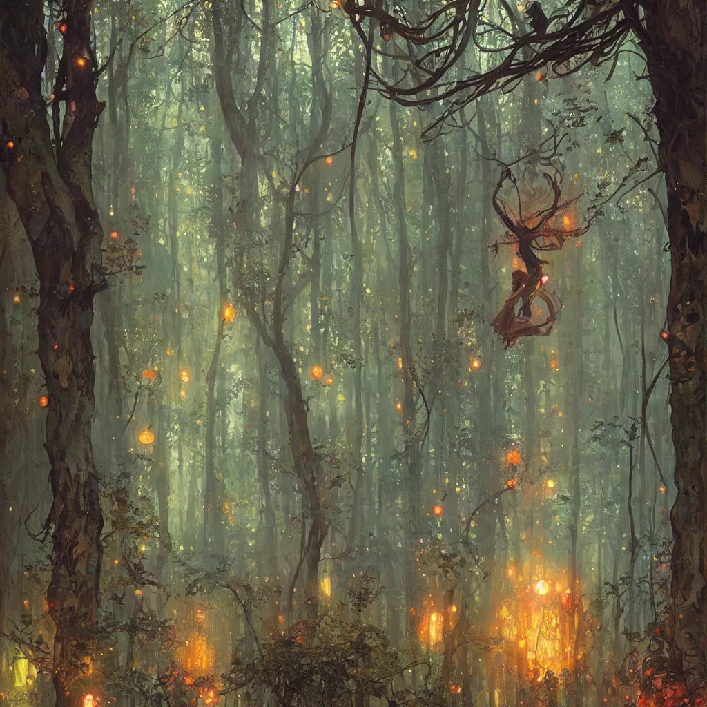 Image similar to forest, overdetailed art, by greg rutkowski, by alfons mucha, complementing colors, magic, colorful lights, fireflies, detailed illustration