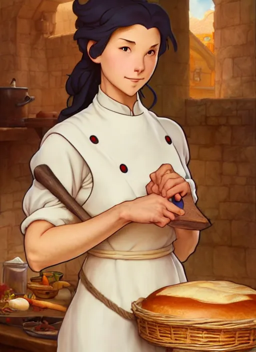 Image similar to focused medieval chef baking bread natural lighting, path traced, highly detailed, high quality, digital painting, by don bluth and ross tran and studio ghibli and alphonse mucha, artgerm