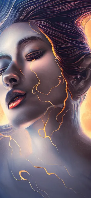 Image similar to epicillustration, abstract sculpture of beautiful female face and black swirling liquifying acrylic portrait, fluffy clouds, golden hour, beautiful light, 3 d sculpture of carving marble, dark colors, dark mood, one point lightning, golden spirals, epic matte painting, concept art, digital painting