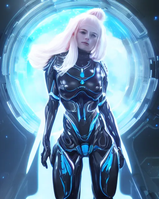 Image similar to perfect android girl on a mothership, warframe armor, beautiful face, scifi, futuristic, galaxy, nebula, raytracing, dreamy, long white hair, blue cyborg eyes, sharp focus, cinematic lighting, highly detailed, artstation, divine, by gauthier leblanc, kazuya takahashi, huifeng huang