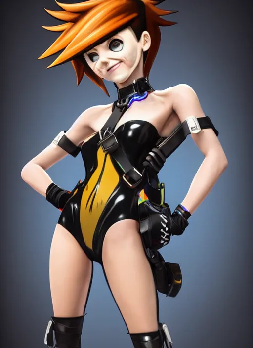 Image similar to full body digital artwork of tracer overwatch, wearing black iridescent rainbow latex swimsuit, 4 k, expressive happy smug expression, makeup, in style of mark arian, wearing detailed black leather collar, wearing chains, black leather harness, leather cuffs around wrists, detailed face and eyes,