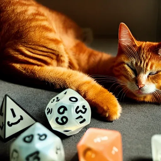 Image similar to realistic orange tabby cat lying in a sunbeam, the cat is next to a pile of D&D polyhedral dice, the cat is sleeping with closed eyes, award-winning photography, cozy, golden hour