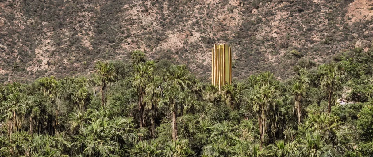 Image similar to monumental golden tower in arid mountain and lush palm forest