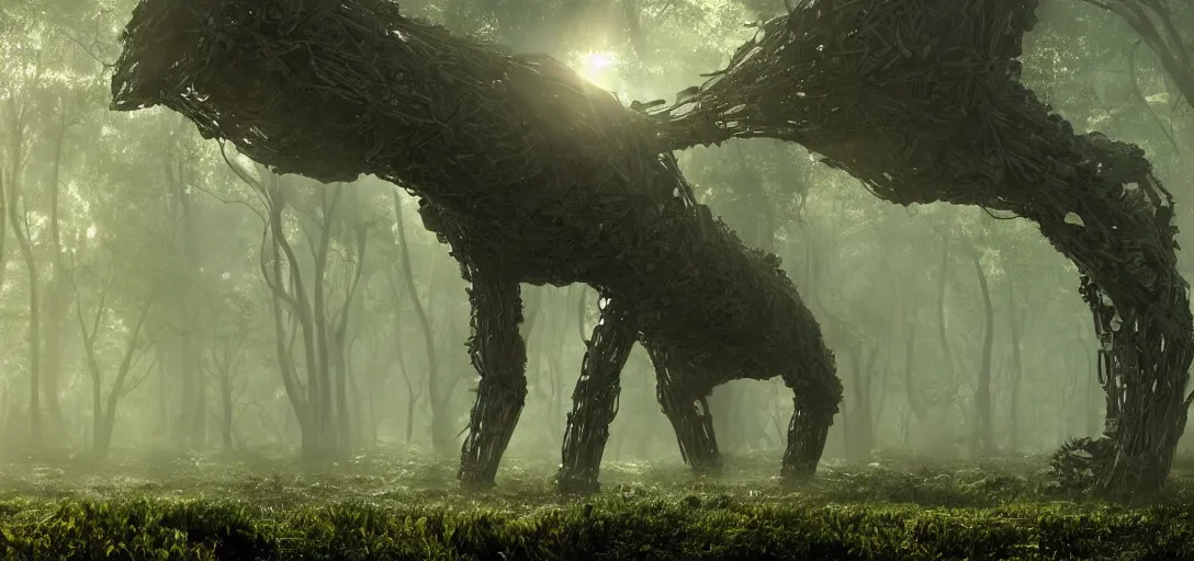 Image similar to a complex organic fractal 3 d metallic symbiotic ceramic humanoid megastructure creature in a swampy lush forest, foggy, sun rays, cinematic shot, photo still from movie by denis villeneuve, wayne barlowe