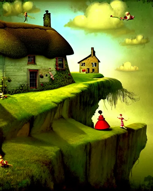 Image similar to a painting of a cottage built on the side of a cliff with children playing in the field, in the style of ray caesar, digital art