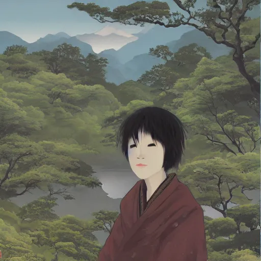 Image similar to a portrait of a character in a scenic environment by Yoshitomo Nara