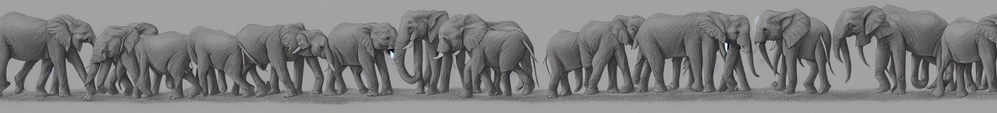 Prompt: a drawing of a line of elephants holding each other's tails touching trunks touching tails single file