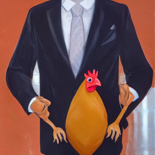 Prompt: a high quality photo of a chicken wearing a suit, realism, 8k, disco diffusion