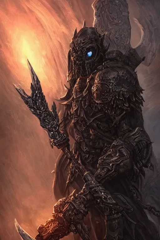 Prompt: A dark fantasy illustration of a death knight with glowing eyes and a big axe by Adam Duff, intricate details, chains, monstrous skull, trending on artstation, pinterest, pixiv, 4k, 8k, HDR, Unreal Engine