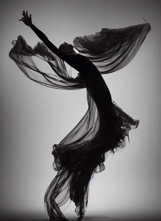 Image similar to a Photorealistic dramatic hyperrealistic render of a glamorous beautiful Female smoke dancer by Ken Brower and Deborah Ory of NYC Dance project,Lois Greenfield,Flowing cloth and smoke,Beautiful dynamic dramatic dark moody lighting,volumetric,shadows,cinematic atmosphere,Octane render,8K