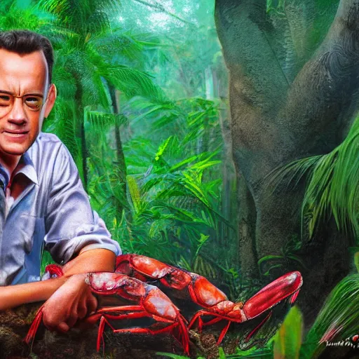 Image similar to Tom Hanks as forrest gump sitting on a giant shrimp in the jungle, realistic digital painting, in the style of Vitaly Samarin Alexiu, photoreailstic, realistic face, amazing detail, sharp