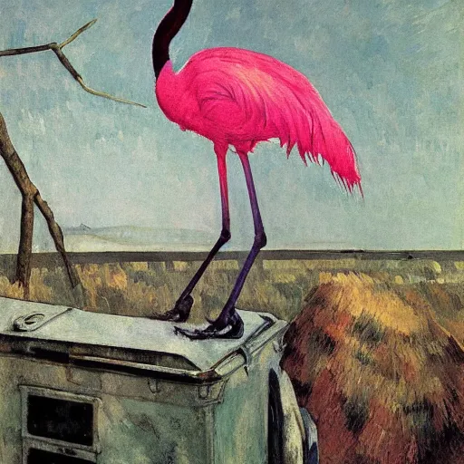 Image similar to shredded physique feathered tall neck beak Portrait of Samuel Beckett camouflaged as Flamingo whilst wearing a pink tuxedo Standing atop a Garbage Truck Greg Rutkowski Eric Ravilious Paul Cezanne Andrew Wyeth Jamie Wyeth