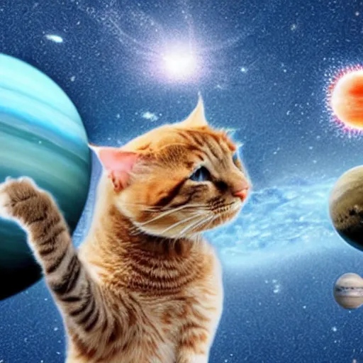 Image similar to the solar system exploded and a cat was blown away