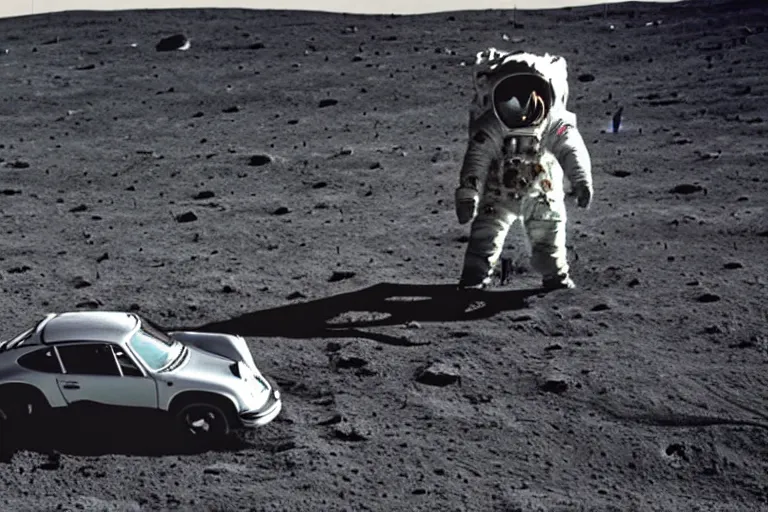 Image similar to vintage photo of a porsche 911 on the moon. apollo moon landing