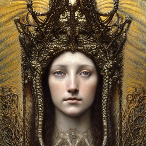 Image similar to detailed realistic beautiful young medieval queen face portrait by jean delville, gustave dore, iris van herpen and marco mazzoni, art forms of nature by ernst haeckel, art nouveau, symbolist, visionary, gothic, neo - gothic, pre - raphaelite, fractal lace, ai biodiversity, surreality, intricate hyper detailed ultra sharp octane render