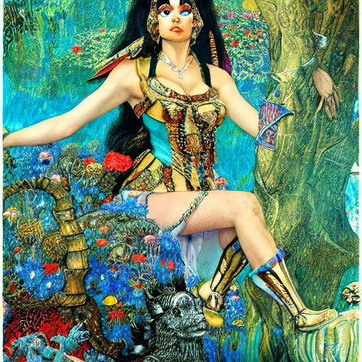 Image similar to cleopatra in alice in wonderland tripping on lsd, intricate detail, painting, royo, frazetta, whealan, klimt,