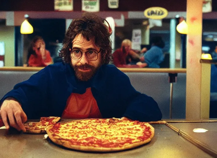 Image similar to portrait of charlie kaufman eating pizza at chuck - e - cheese with sloppy cheesy sauce getting slopped up all over the place, dramatic lighting, moody film still from being john malkovich ( 2 0 1 0 ), 3 5 mm kodak color stock, 2 4 mm lens, directed by spike jonze, ecktochrome