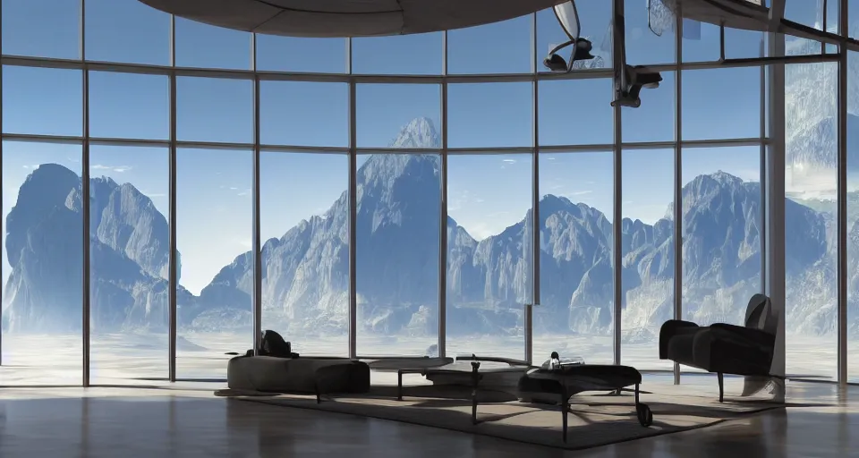 Image similar to looked at big window, architectural, mountains in background, sunny day time, clear sky, futuristic, furnitures, ultra realistic, ultra detailed, cinematic light, anamorphic