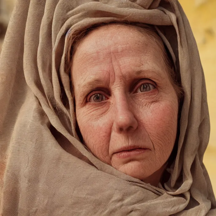 Prompt: closeup portrait of a woman wrapped in casement cloth, standing in alberobello italy, color photograph, by john currin, canon eos c 3 0 0, ƒ 1. 8, 3 5 mm, 8 k, medium - format print