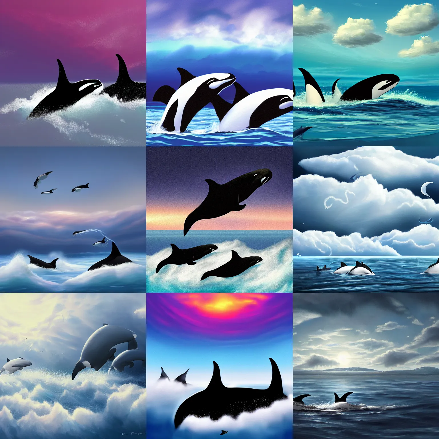 Prompt: digital art painting of orcas swimming in the clouds, trending on artstation, 8 k, high resolution, realistic, dusk