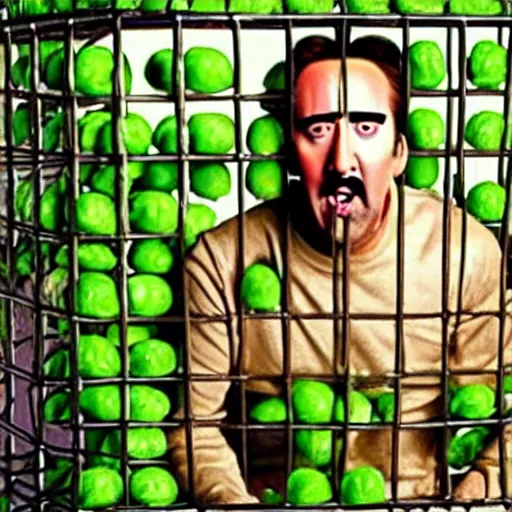 Image similar to nicolas cage trapped in a wicker cage with peas on his face, screaming, movie still, hdr