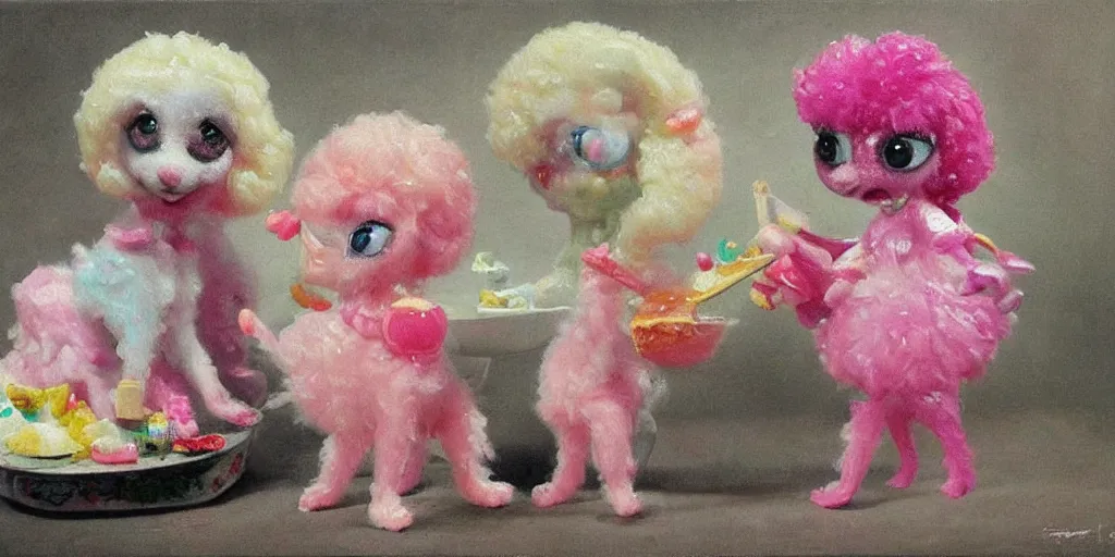 Prompt: bubble gum ice cream made in the shape of 3 d littlest pet shop poodle, realistic, melting, soft painting, forest, desserts, ice cream, glitter, master painter and art style of noel coypel, art of emile eisman - semenowsky, art of edouard bisson