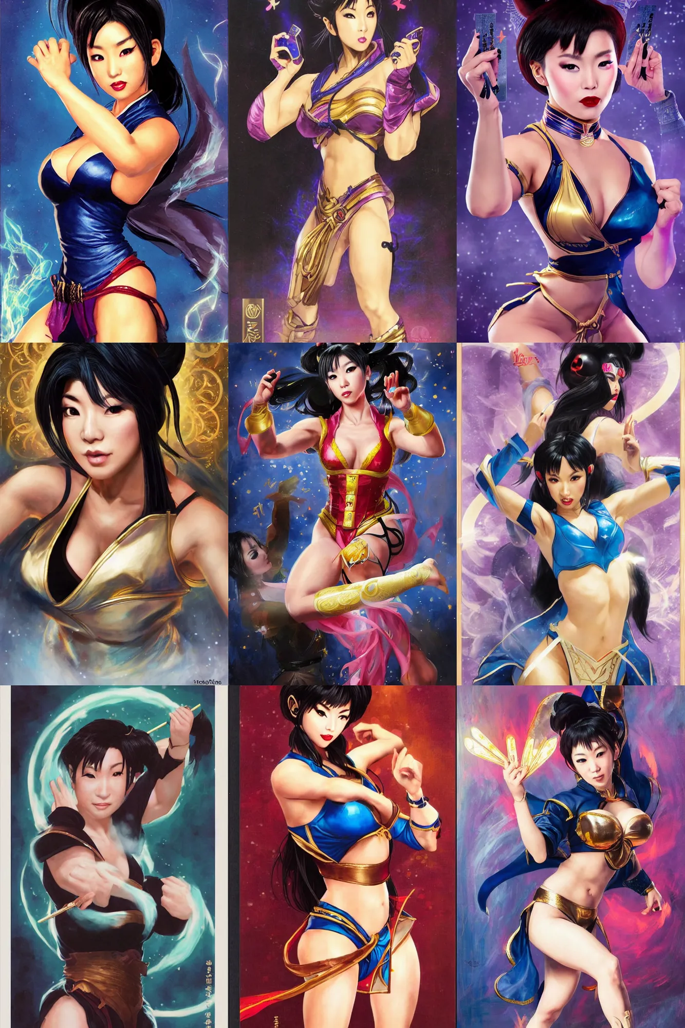 Prompt: yoko matsugane as chun li, nightclub singer, magic the gathering card, livia prima