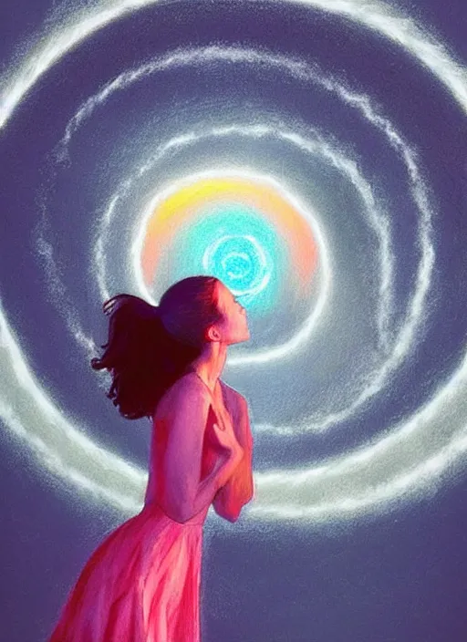 Prompt: a beautiful girl in front of an intricately detailed spiraling 🌀 portal with a spiritual aura, “ best friends ” painted by malcolm liepke, by steven wiltshire, by edward hopper, by james jean, soft fuzzy pastel drawing by mary herbert ( fuzzy feeling of dreams and memories ), cinematic lighting