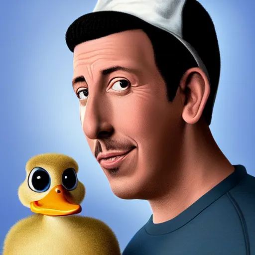Image similar to adam sandler as a duck with human baby teeth, pixar cute, highly detailed, sharp focus, digital painting, artwork by Victor Adame Minguez + Yuumei + Tom Lovell + Sandro Botticelli