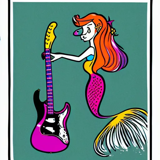 Image similar to illustration in the style of the jetsons of a mermaid playing an stratocaster electric guitar, 3 colour screen print