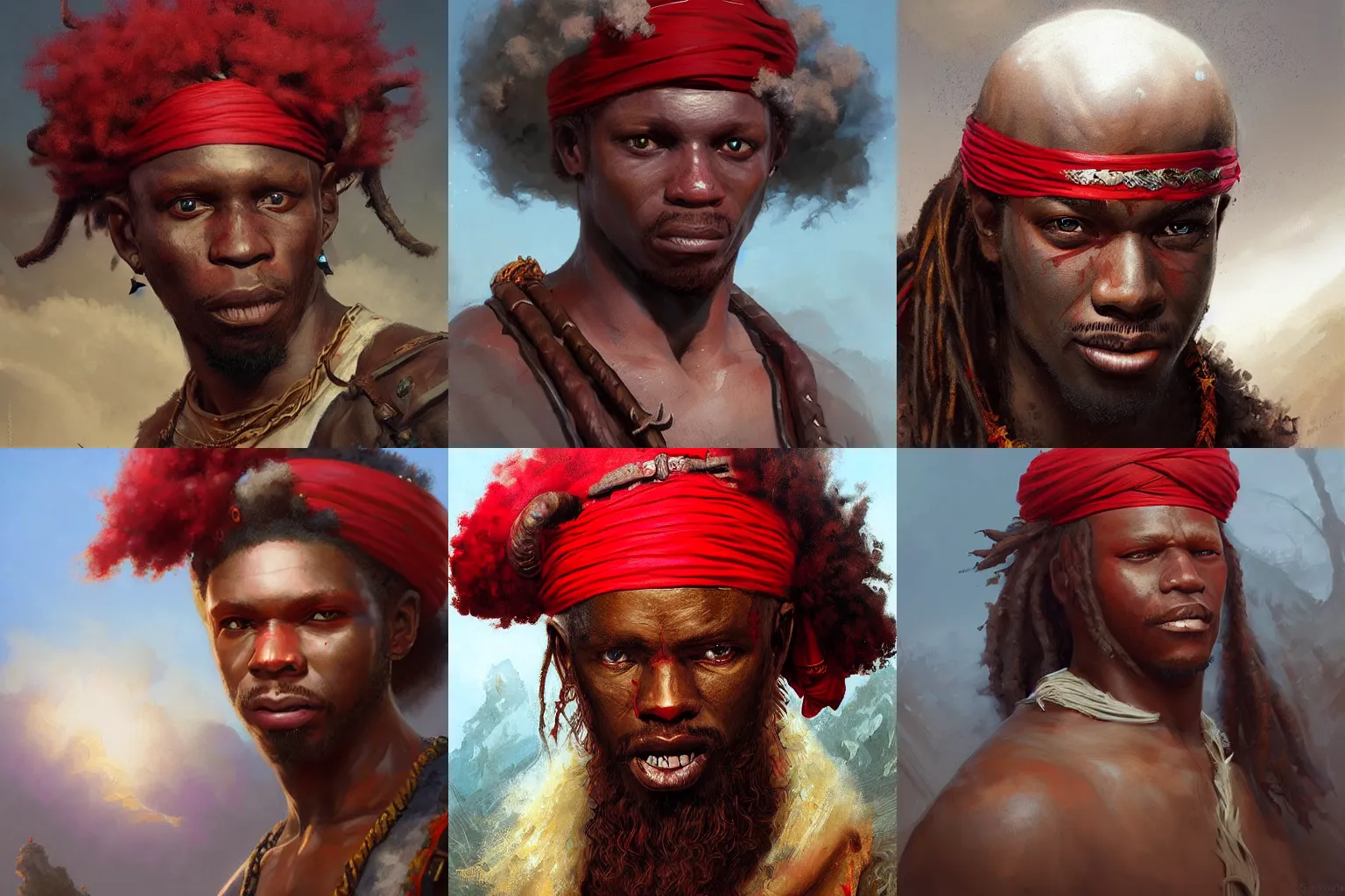 Prompt: very detailed painting of an albino african pirate with red headband and curly hair, featured in artstation, concept art by Greg Rutkowski, WLOP, Dan Mumford, Christophe Vacher