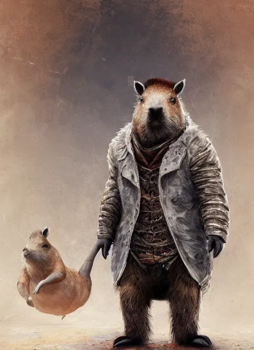 Image similar to detailed full body concept art illustration, dark soft focus, plague style oil painting on canvas of an anthropomorphic capybara doctor in full intricate clothing, biomutant, dystopian, micro detail, octane render, 4K