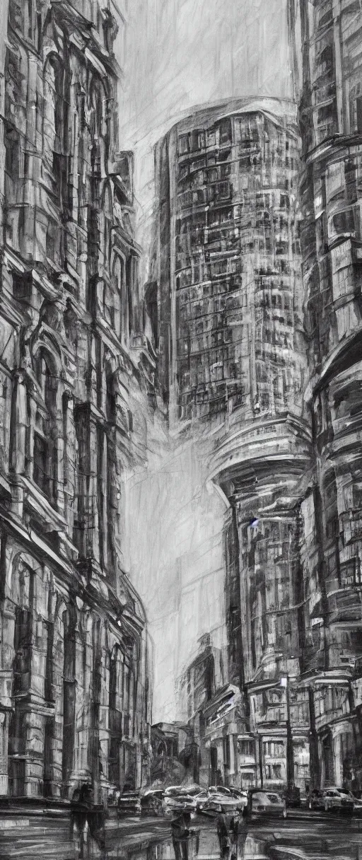 Image similar to Leeds City Centre black and white concept art oil painting