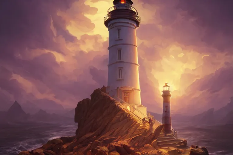 Prompt: a hyperrealistic render of a lighthouse in the victorian era, outdoor, art by Artgerm and Anato Finnstark and Greg Rutkowski and Alphonse Mucha, hearthstone art style, epic fantasty card game art, Beautiful dynamic dramatic moody lighting, shadows, cinematic, Octane, 8K