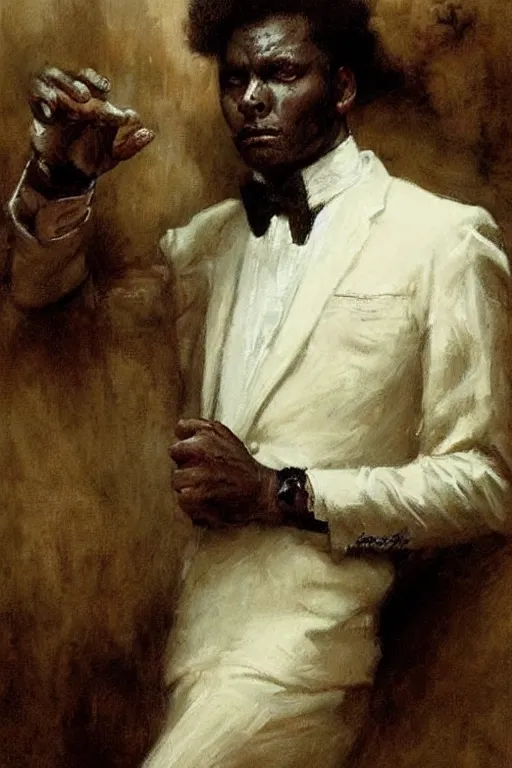 Prompt: portrait of a contract killer, a black man in a pristine white dress shirt. his eyes are collapsing black pits of darkness. horror. art by gaston bussiere.