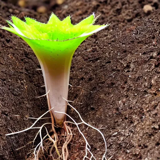 Image similar to a carnivorous plant with white needle-like teeth, photo of a plant growing showing its roots underground, plant photography