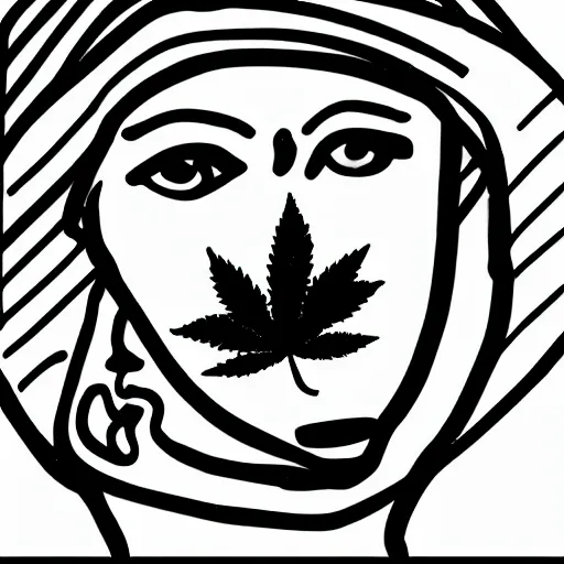 Prompt: hand - drawn minimalistic line portrait of woman with round face, short nose, small round eyebrows, wide lips and kind green eyes with cannabis leaf inside, black and white, pictogram, ink, pencil