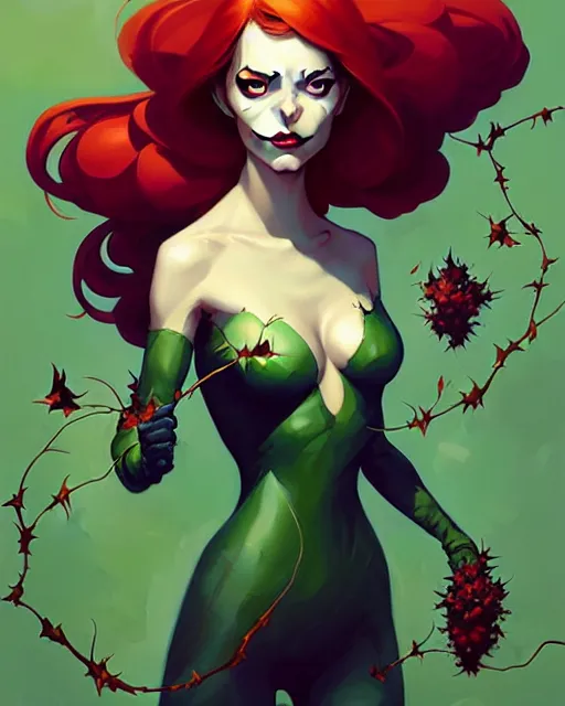 Image similar to peter mohrbacher, phil noto comicbook cover art, artgerm, emma stone poison ivy, vines, symmetrical eyes, city rooftop