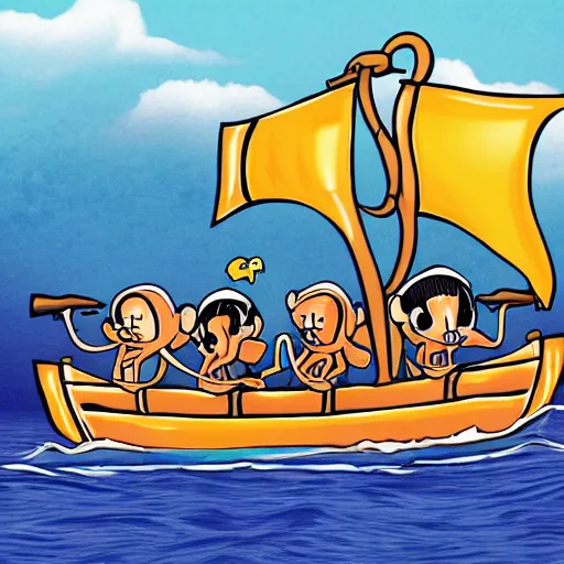 Image similar to a crew of monkeys sailing a pirate ship, cartoon style