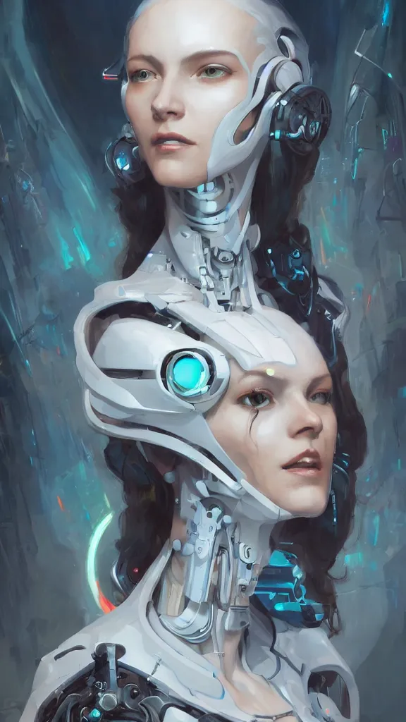 Image similar to a portrait of brunette tall girl as a beautiful cybernetic techno queen, white woman, cyberpunk concept art by pete mohrbacher and wlop and artgerm josan gonzalez and syd mead, digital art, highly detailed, intricate, sci - fi, sharp focus, trending on artstation,