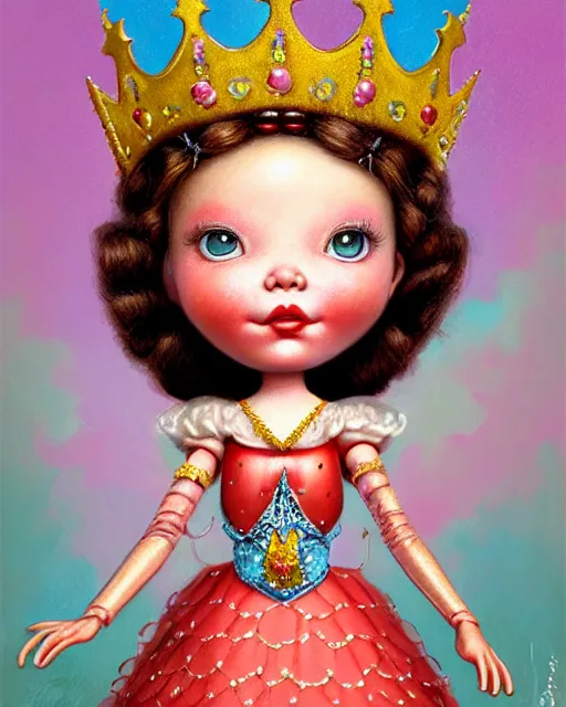Prompt: closeup profile portrait of a tin toy fairytale princess wearing a crown and sitting on a throne, bikini, hyper realistic, artstation, illustration, concept art by nicoletta ceccoli, mark ryden, lostfish, dan decarlo, bob clampett, max fleischer, digital paint, matte paint, vivid colors, bright, cheerful, detailed and intricate environment