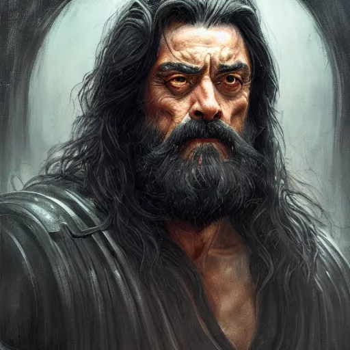 Prompt: god of death, ian mcshane, long black hair, long black beard, d & d, fantasy, portrait, highly detailed, digital painting, trending on artstation, concept art, sharp focus, illustration, art by artgerm and greg rutkowski and magali villeneuve