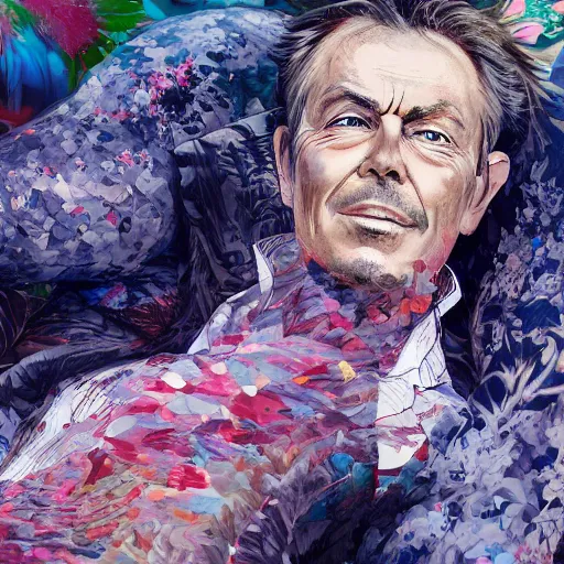 Prompt: highly detailed close up portrait of a staring Tony Blair lying on feather cushions by Dustin Nguyen, Akihiko Yoshida, Greg Tocchini, Greg Rutkowski, Cliff Chiang, 4k resolution, vibrant color scheme!!! ((60's flower power background))