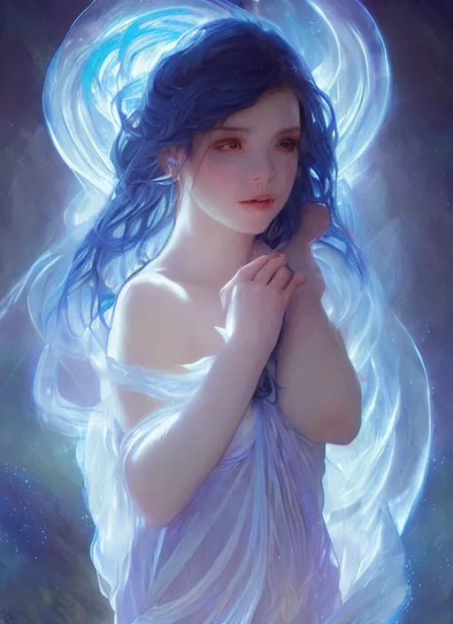 Image similar to a glowing blue fairy made of light. she looks like a teenage girl and wears a long flowing dress. she is made of blue light and fades into light at the edges. beautiful fantasy art by artgerm and greg rutkowski and alphonse mucha