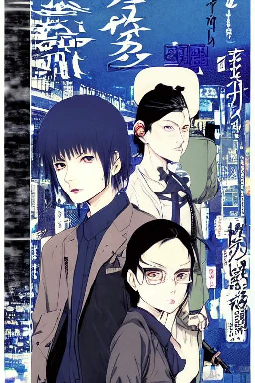 Image similar to professionally drawn seinen mature cyberpunk detective horror action manga comic cover about hinduism buddhism reincarnation, full color, beautifully drawn coherent professional, drawn by ilya kuvshinov, ilya kuvshinov, satoshi kon and tsutomu nihei. japanese script kanji hiragana on the cover. minimalist stylized cover art. blue blue cel shaded