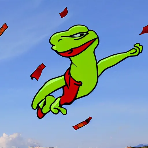 Prompt: flying banknotes around pepe