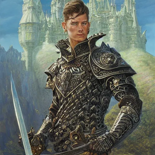 Image similar to Fantasy style portrait of a male paladin, castle setting, intricate, elegant, highly detailed, matte, sharp focus, illustration, art by Donato Giancola and Bayard Wu, gustav moreau, goward, wayne barlowe