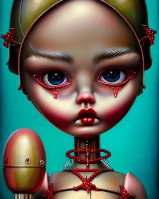 Image similar to closeup face profile portrait of a tin toy bikini girl, hyper realistic, artstation, illustration, nicoletta ceccoli, mark ryden, lostfish, max fleischer, digital paint, matte paint, vivid colors, dark, sinister, detailed and intricate environment
